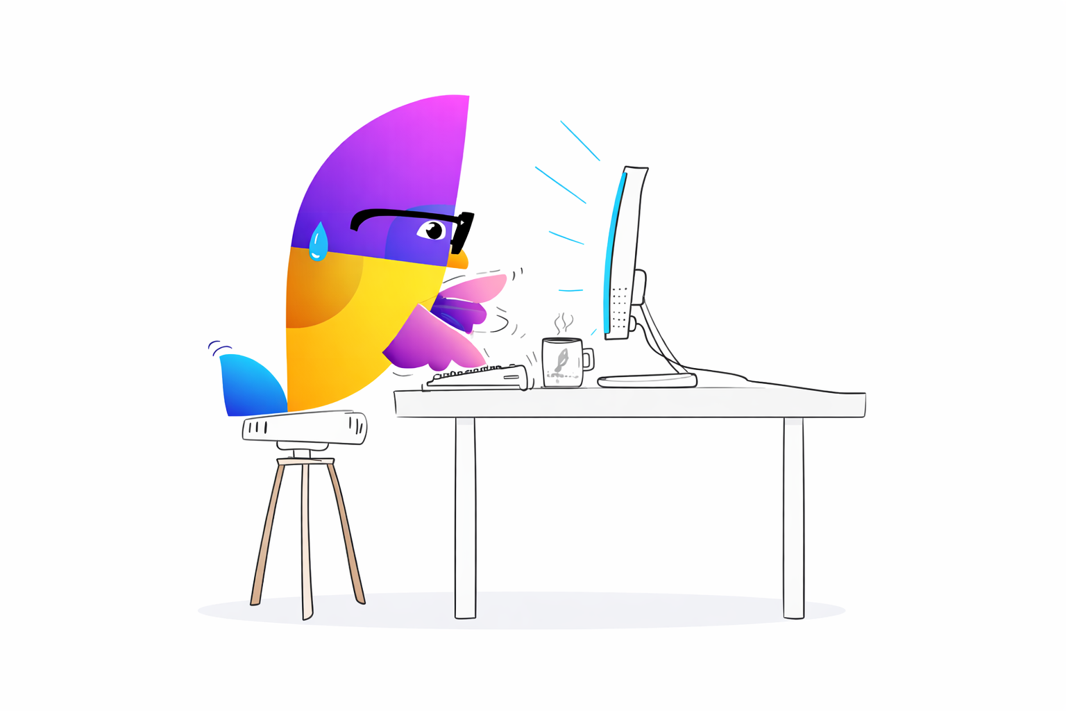 Búho de Legamio trabajando frente al computador mientras se prepara una nueva versión